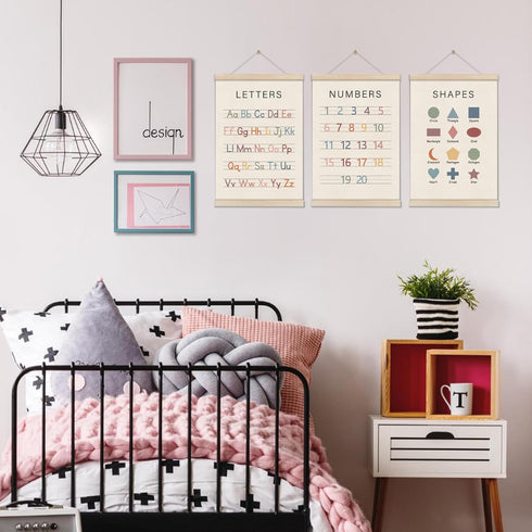 Set 3 16x12 Inch, of Alphabet Numbers Poster Hanger Frame, Preschool Learning Posters, Educational Canvas Wall Art