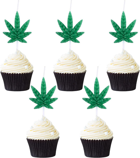 Lothee 5 Pieces Leaf Shape Candles, Weed Leaf Cupcake Candles, Pot Leaf Tealight Candles for Birthday Celebrations