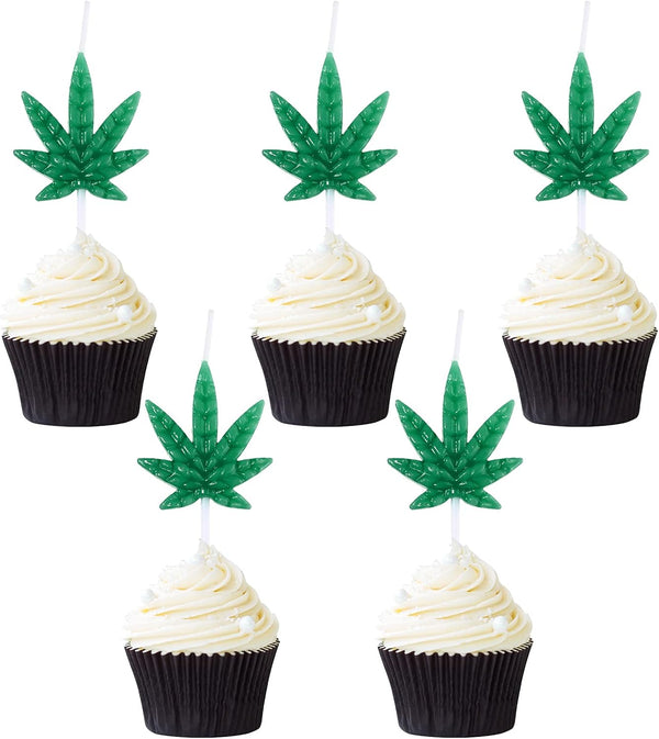 Lothee 5 Pieces Leaf Shape Candles, Weed Leaf Cupcake Candles, Pot Leaf Tealight Candles for Birthday Celebrations