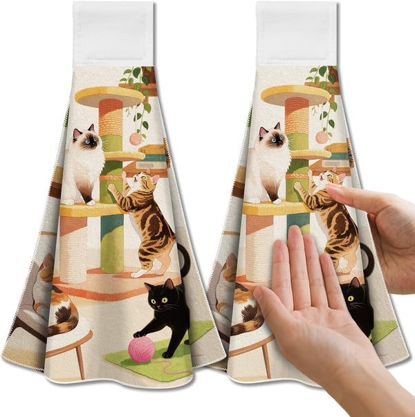 CUTHOLLOW Cat Play and Flowers Hanging Kitchen Towels with Loop, Set of