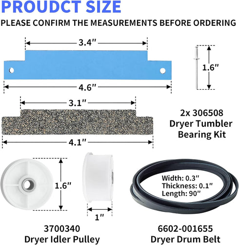 12001541 303373K Dryer Drum Support Roller Kit, Dryer Repair Kit with Drum Bearing, Idler Pulley & Belt