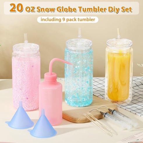 20 Oz 9 Pack Maucircol Acrylic Snowglobe Tumbler Including DIY Kit, Pre-Drilled Double Wall Plastic Snowglobe Cup