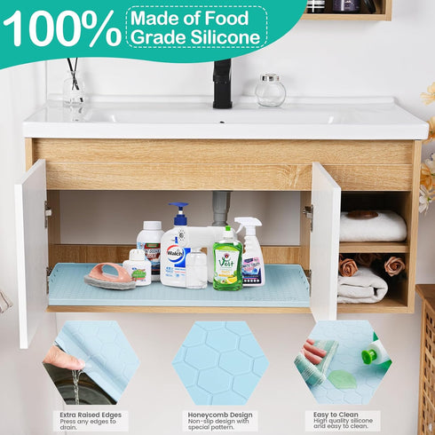 Under Sink Mat, 28" x 22" Silicone Mats for Kitchen, Waterproof Cabinet Organizers and Storage, Light Blue