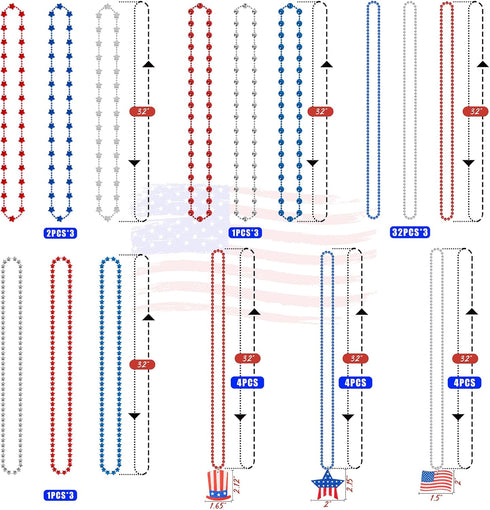 120PCS 4th Moon Boat of July Accessories Necklaces: Blue White and Red Beads Bulk, Patriotic Party Independence