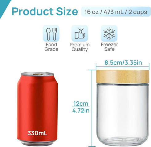 6 Pack 16oz Vtopmart Glass Overnight Oats Containers with Bamboo Lids, Portable Wide Mouth Glass Jars Leak-proof