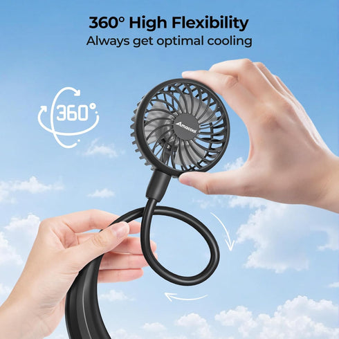 AMACOOL Neck Fan - Battery Operated Neckband Fan, Hands-Free Wearable Personal Fan for Hot Flashes, Travel (Black)