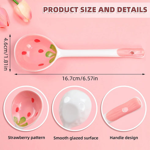 MWRDSM 5 (5) Pcs Ceramic Soup Spoons Cute Strawberry Spoons Long Handle Porcelain Tablespoons Reusable Dinnerware