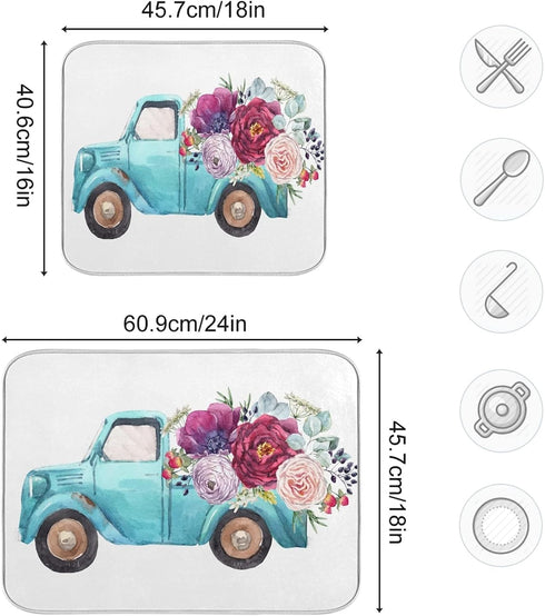 ALAZA Blue Trolley Truck Purple Rose Flower Dish Drying Mat, Absorbent Microfiber Small Drying Pad for Kitchen
