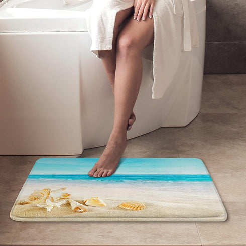 Britimes Bath Mat for Bathroom, Blue Beach Starfish Washable Floor Rug, 16x24 Inches for Kitchen Bedroom