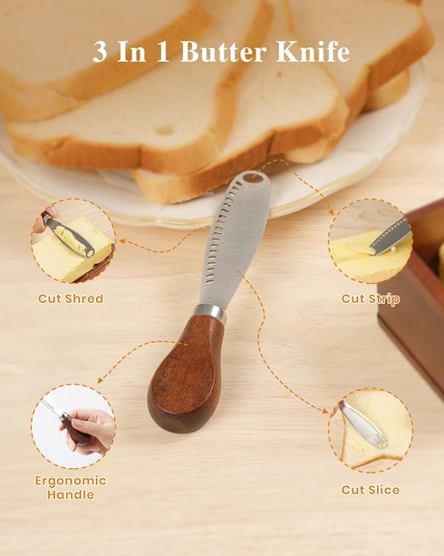 LYNG Countertop Butter Dish with Magnetic Lid, Acacia Wood Butter Keeper With Knife, Detachable Butter Container