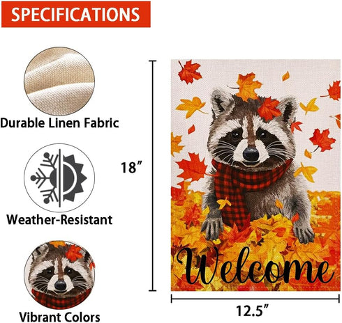 Welcome Fall Maple Leaves Garden Flag, 12.5x18 Inch Double Sided Seasonal Raccoon Outdoor Decoration for Autumn