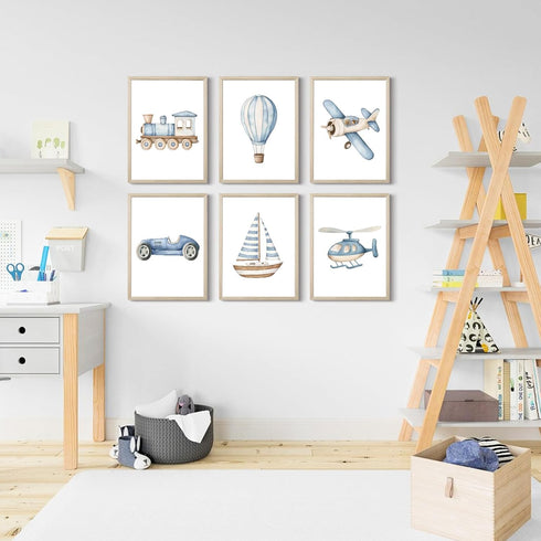 Lhoiplme 8x10x6 Inch Baby Boy Nursery Wall Art Transportation Blue Car Canvas Prints Vintage Toddler Vehicle Pictures