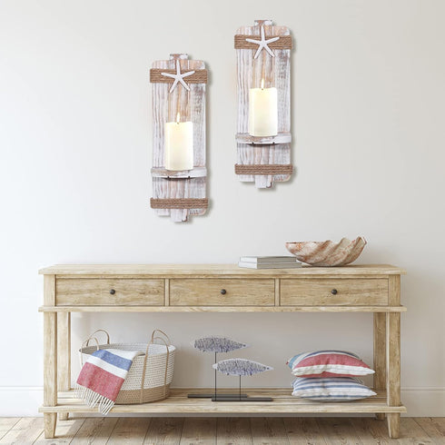 SUJUN (Set 2) Disdressed Starfish Wall Candle Sconces of - Beach Decor, Ocean Themed Wall-Mount Candleholders, Nautical