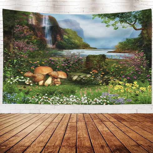 Crannel Painting Tapestry Blanket - Beautiful Scenic View Enchanted Garden Waterfall River Wall Art 92.5X70.9 Inches