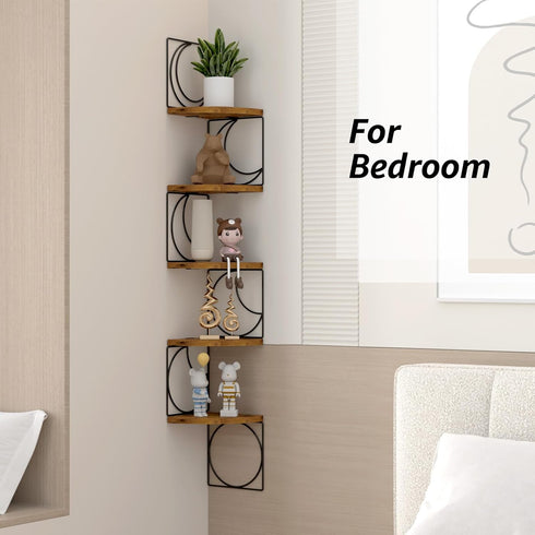 5 PHAREGE Tier Moon Phase Corner Shelves Brown Black, Rustic Storage Shelves for Bedroom Kitchen Bathroom Living Room