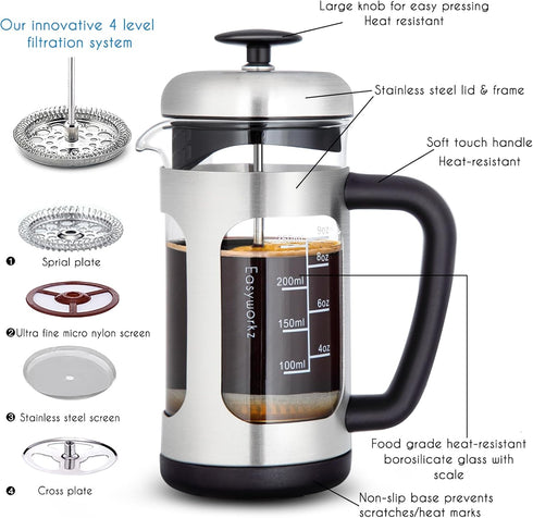 Easyworkz Stainless Steel French Press, 12 oz Coffee Tea Maker with Soft Grip Handle