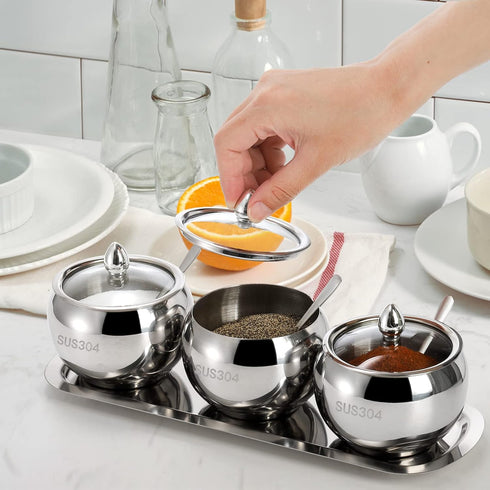 Hedume 3 Grids 304 Stainless Steel Seasoning Containers Set with Lid Spoon and Tray for Serving Sugar, Pepper, Spice