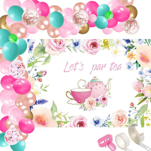 115 Pcs Let's Par Tea Party Supplies, 5x3 FT Floral Tea Time Photography Backdrop, Arch Garland Kit