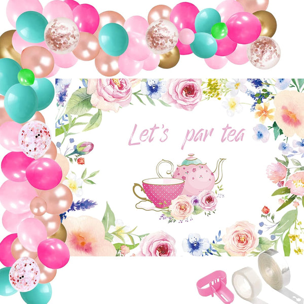 115 Pcs Let's Par Tea Party Supplies, 5x3 FT Floral Tea Time Photography Backdrop, Arch Garland Kit