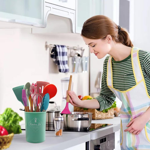 Kitchen Utensils Set of 12, Silicone Cooking Utensils with Non-Slip Wooden Handle, Heat Resistant Cookware Set