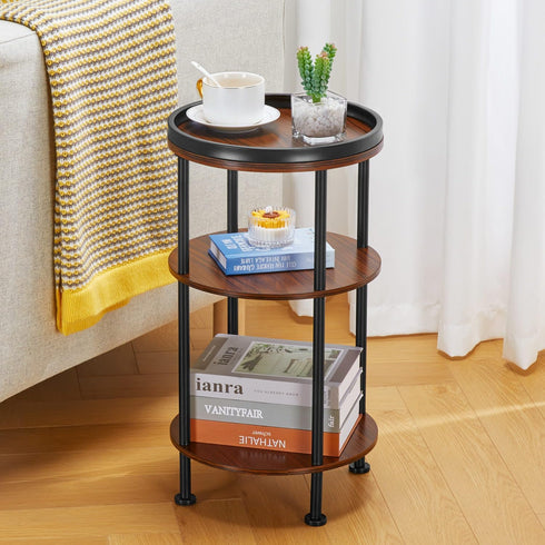 Small Round Side Table for Small Spaces - 3-Tier Modern Accent Table, Slim End Table for Living Room, Bedroom (Cherry)