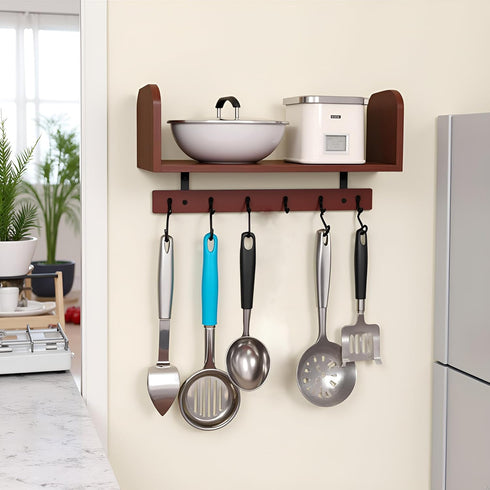 Selling at a Loss Promotion,Wooden Shelf with Hooks - Multipurpose Organizer for Kitchen, Books, Kitchen Shelf - Wall