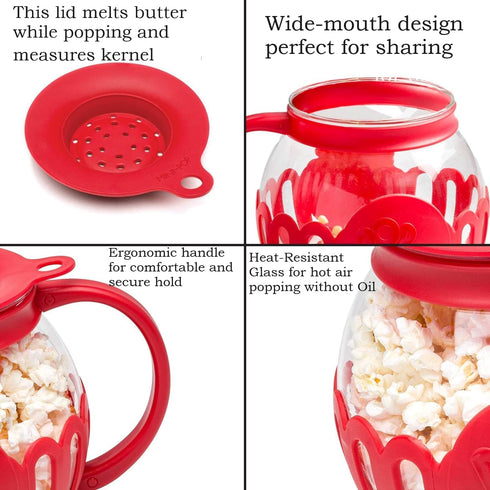 Microwave Popcorn Popper | Borosilicate Glass | 3 in 1 Lid | Silicone Exterior & Lid for Secure Grip | 1.50 Quart Red