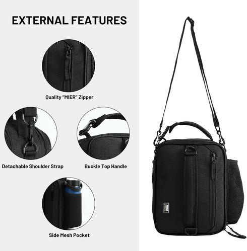 MIER Expandable Insulated Lunch Bag for Men - Portable Lunchbox with Shoulder Strap & Water Bottle Holder, Black