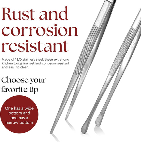 Namre' Tweezer Tongs for Cooking - 2 Pack Stainless Steel Plating Tweezers, Thin Chopstick Tongs, 12 Inch, Silver