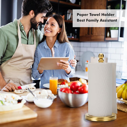 Gold Paper Towel Holder, Standing Roll Holder for Kitchen Bathroom, Weighted Base for One-Handed Operation (Gold)