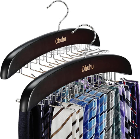 Ohuhu Tie Rack Hanger for Closet, 2 Packs 24 Folding Hooks Wooden Tie Holder Organizer, Walnut