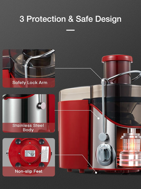 Juicer Machines, Juilist 800W Max Power Juicer Extractor with 3" Wide Mouth, 3-Speed Setting, Easy to Clean, Red