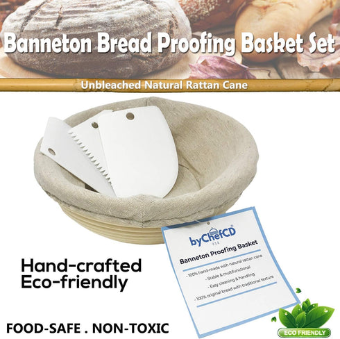 ChefCD 9 Inch Round Bread Proofing Basket Set - Cloth Liner, Bowl Scraper, Smoother for Home & Professional Bakers