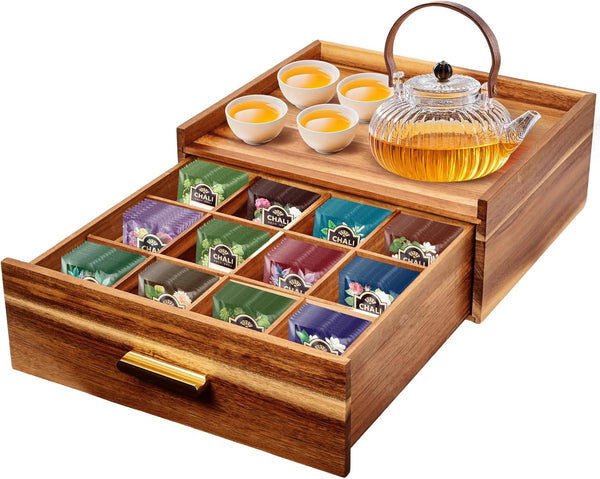 NANXITU Acacia Wood Tea Holder Organizer,Tea Box Organizer Storage Box,Tea Caddy for Tea