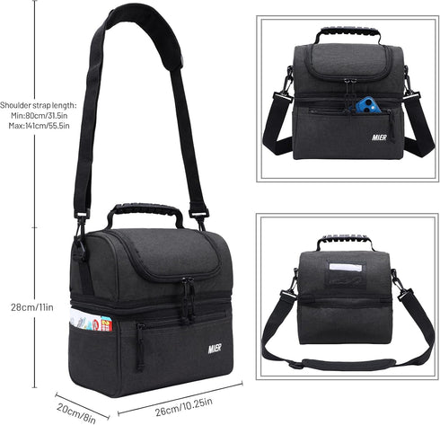 MIER Large Insulated Lunch Box - Dark Grey Cooler Tote Bag for Men, Women, Double Deck Cooler
