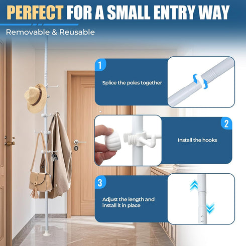 12 Corner Coat Rack - Hook Tension Rod Plant Stand Stainless Steel Organizer for Coats, Towels, Plants & More, No