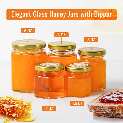 30 Pack 2 oz EkkoVla Hexagon Mini Glass Honey Jars, Small Honey Jars with Golden Lids, Wooden Dipper, Bee Pendants