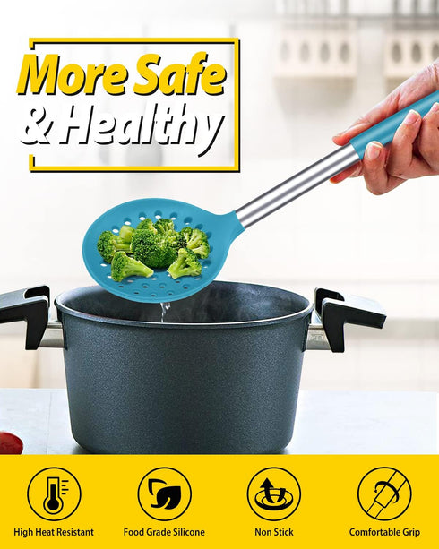 Kitchen Ladle Strainer Set of 2, Large Slotted Spoon with High Heat Resistant BPA Free Non Stick Cooking Skimmers (Grey