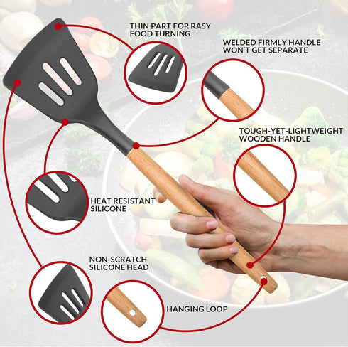 Kitchen Utensils Set of 12 - E-far Silicone Cooking Utensils with Holder, Non-stick & Heat Resistant for Cookware