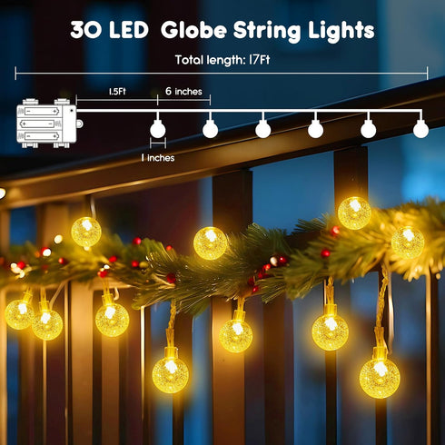 Minetom Crystal Globe String Lights, 17 ft 30 LED Battery Operated Fairy Lights with Remote for Party Decor