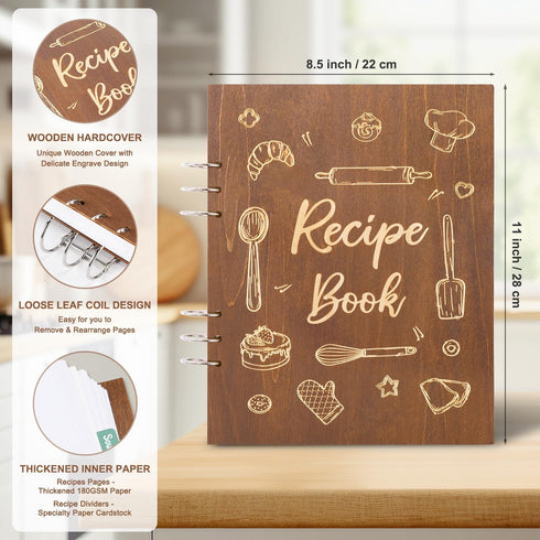 Creawoo Wooden Recipe Book to Write in Your Own Recipes Personalized Blank Recipe Binder Cookbook, Hardcover DIY Family Recipes Full Pages with 6 Colorful Dividers, Idea Cooking Gift- 8.5"x11"