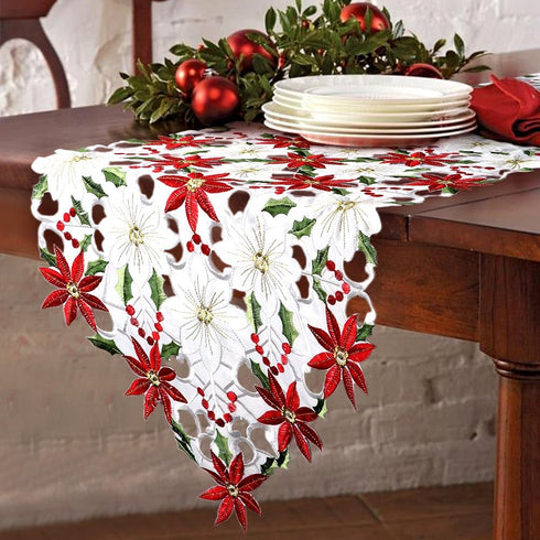 OurWarm Christmas Table Runners, Embroidered Poinsettia Holly Leaf Table Linens, 15 x 70 Inch