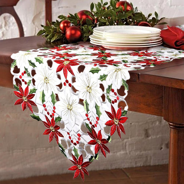 OurWarm Christmas Table Runners, Embroidered Poinsettia Holly Leaf Table Linens, 15 x 70 Inch