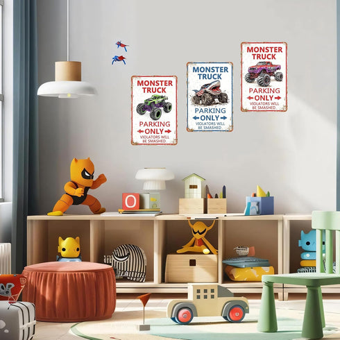 Jinfuteng 8x12 Inch Monster Truck Parking Only Metal Sign, Boys Bedroom Monster Truck Parking Wall Decor, Birthday