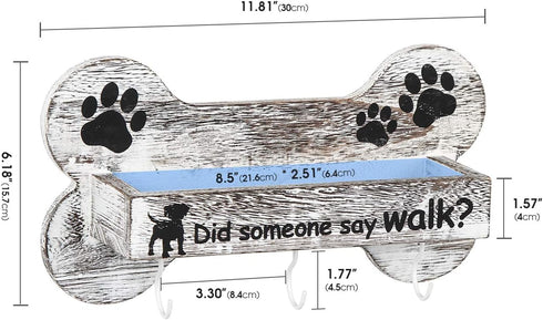 J JACKCUBE DESIGN Rustic White Bone Shape Wall Mounted Dog Leash Holder - 3 Key Holder Hooks and Extra Storage Box