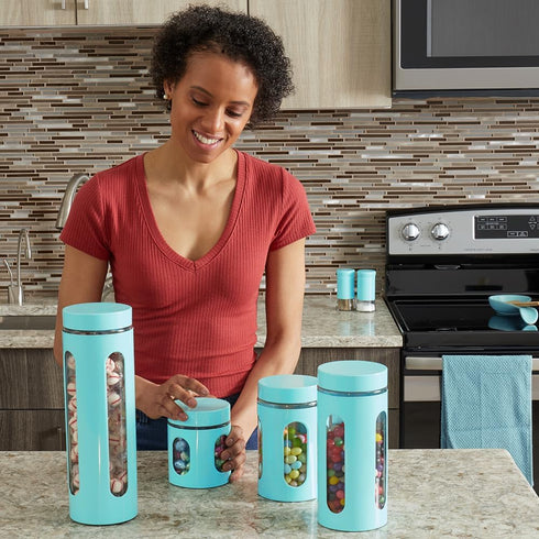 Kitchen Canisters Set for Countertop by Home Basics, Retro-Styled Stainless Steel and Glass, 4 Pieces (Turquoise)