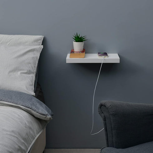 WELLAND White Floating Shelf with Motion Sensor Light, Wall Mounted Storage Shelf, Floating Nightstand for Bedroom