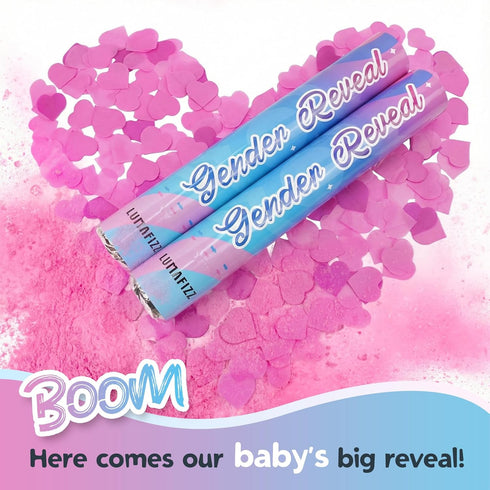 12Inches 4Pcs 4 Pack Gender Reveal Confetti Cannon - Biodegradable Powder & Heart Shaped Confetti Poppers - Pink