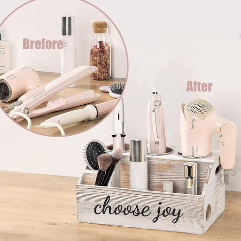 Wooden Hair Dryer Holder, Hair Tool Organizer with 3 Circular Holes and 3 Compartments for Hair Accessories, Curling