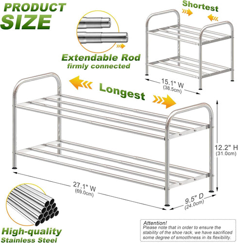2-Tier 100% Steel,4-Rod Closet (15" 27", Expandable Shoe Rack - Stainless Extendable & Adjustable Feet | Simple
